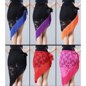 Women girls kids black red pink green lace latin dance fringe skirts salsa rumba chacha performance triangle hip scarf irregular skirts for Children