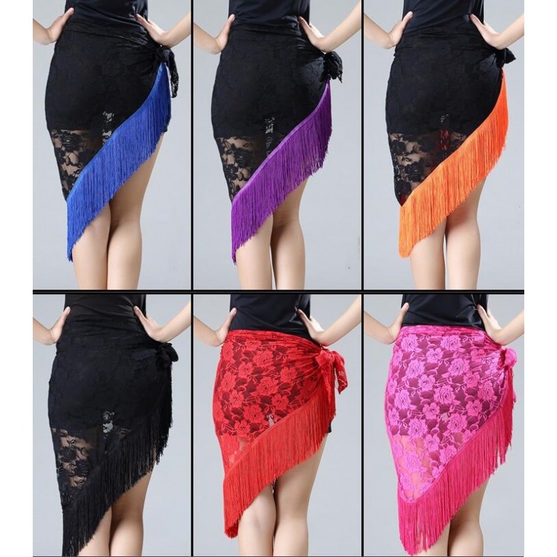 Women girls kids black red pink green lace latin dance fringe skirts salsa rumba chacha performance triangle hip scarf irregular skirts for Children