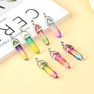  1pc crystal pendant for DIY necklace keychain  gradient color hexagonal column necklace rainbow glass baked paint pendant ear hair bag accessories