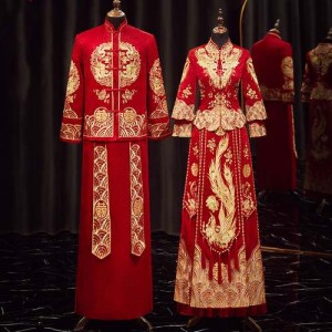 Xiuhe Dress Bridal grooms Chinese wedding dresses Dragon dress up photos shooting  Phoenix Robe banquet toast gown 