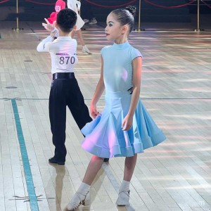 Children's light blue latin dance Competition Dress  wine royal blue pink neon green girls ballroom salsa chacha dancing costumes for kids