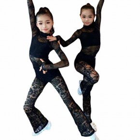  Children kids Girl black lace Latin Performance costumes for children ballroom salsa rumba chacha  Long Sleeve Dance Performance  tops and trousers