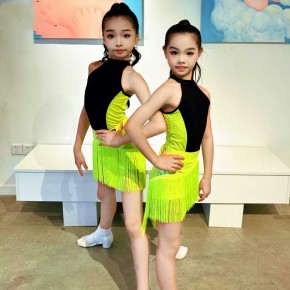 Children girls black with green fringe Latin dance dresses ballrom salsa rumba chacha Performance Training Clothes for kids