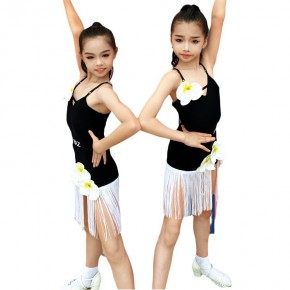 Black white fringe flowers Latin dance Dress for girls kids Children's latin salsa ballroom Training Practice Performance Clothing
