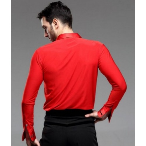 Red turn down collar long sleeves men's male competition performance latin ballroom dance shirts tops