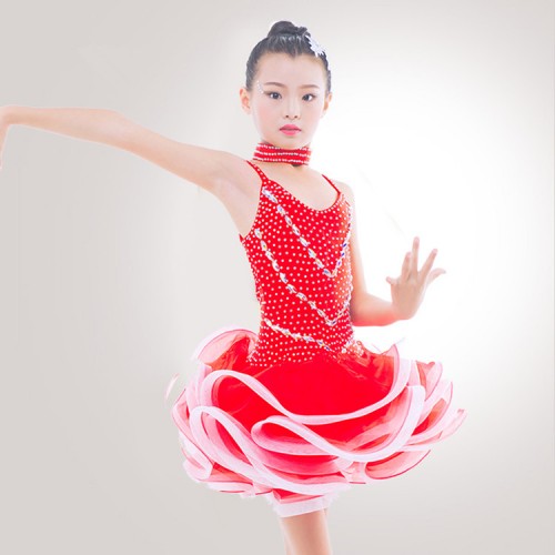 Kids competition latin dresses royal blue red purple for girls diamond stage performance professional ballroom rumba chacha dance skirts 