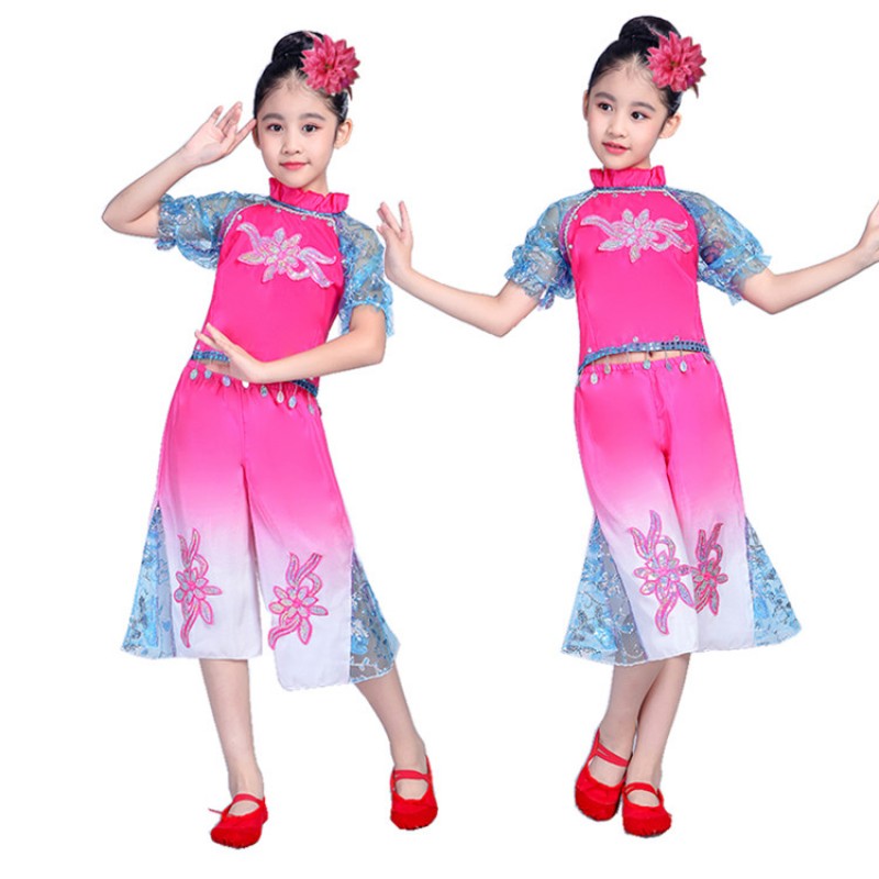 Kids chinese folk dance costumes for girls pink gradient color ancient ...