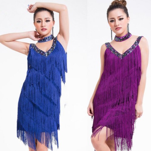 Women\'s fringes latin dresses purple royal blue black white sequins ...