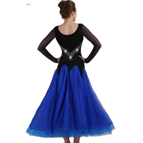 Royal blue ballroom dresses diamond long sleeves competition professional stage performance waltz tango chacha dancing costumes
