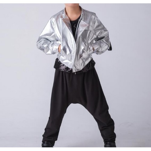 Jazz street Hip-hop dance costumes for boys girls flashing silver leather  rapper singer gogo dancers stage performance outfits mechanical dance