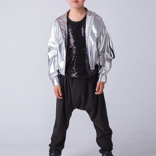 Jazz street Hip-hop dance costumes for boys girls flashing silver leather  rapper singer gogo dancers stage performance outfits mechanical dance