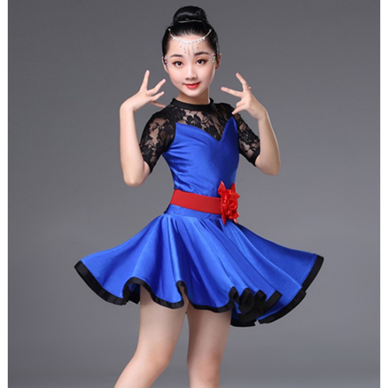 Girls lacec short sleeves competition latin dance dresses stage ...