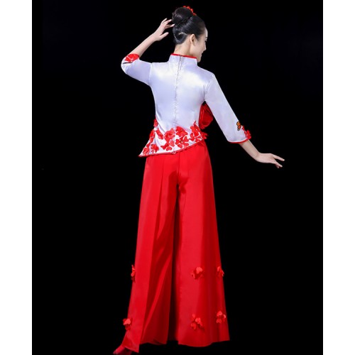 Women Chinese Folk Dance Clothing Red Gradient Color chinese folk yangko  umbrella fan dance costumes stage performance classical dance clothes