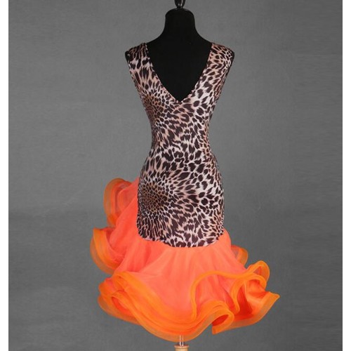 Women's leopard with orange girls latin dance dress kids stage performance rumba salsa chacha jive dance dresses