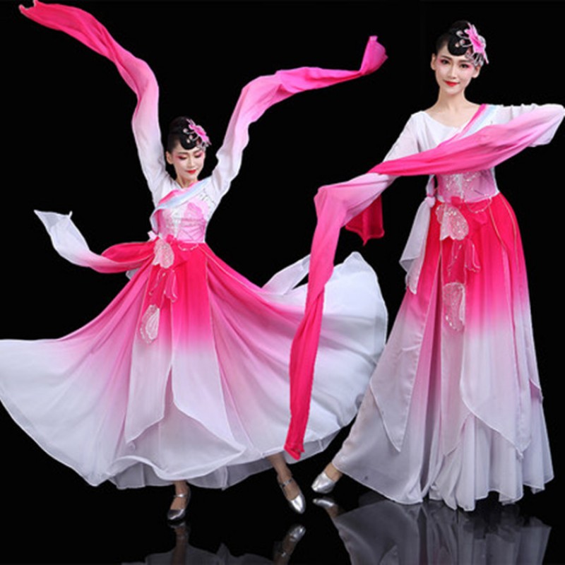 Women\'s girls pink flower gradient fairy hanfu water sleeves chinese ...