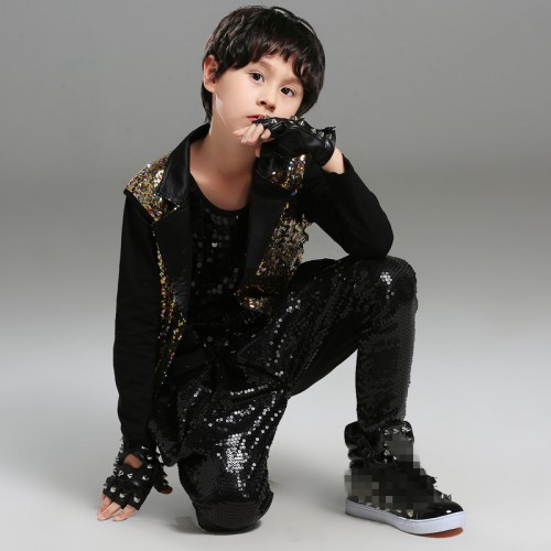 Boy kids gold with black sequins jazz hiphop dance costumes drummer singers  host model show performance vest and pants- Material: polyester and cotton  Content : Only