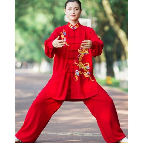 Black red dragon pattern Tai Chi suit for women and men embroidery Tai ...