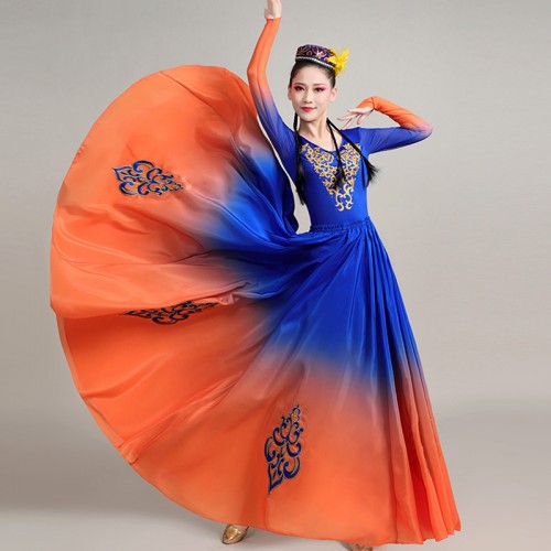 Blue with orange Xinjiang dance dresses for women chinese folk dance  costume female minority practice big swing skirt Uighur opening dance dress