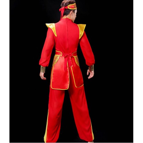 Red with gold chinese folk dance costumes for women and men festival water  waist drum gong