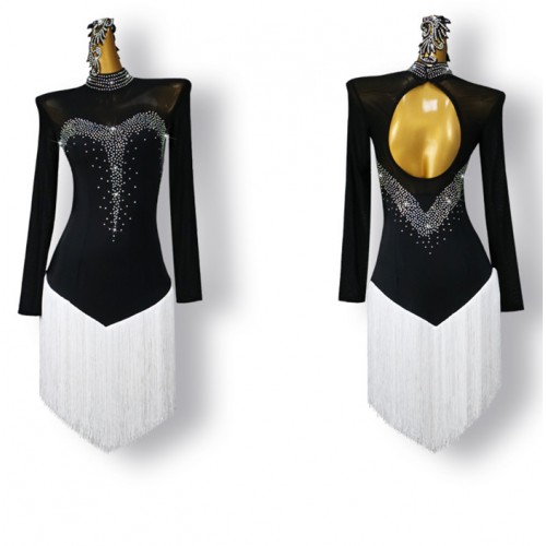 Custom size black with white tassels competition latin dance dresses for  women girls kids long sleeves ballroom salsa cha cha rumba performance