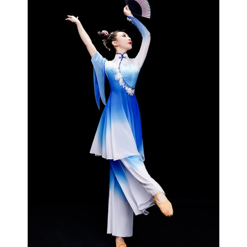 Women girls royal blue with white gradient Chinese folk dance dresses  ancient traditional classical fairy hanfu fan yangge umbrella dance  costumes for