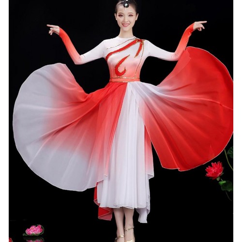 Women velvet red green chinese folk dresses square dance dance clothing  pleuche suit practise adult Yangge umbrella fan performance clothes