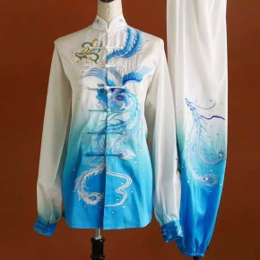 Customized size White  blue gradient  Chinese kung fu Tai Chi clothing for women embroidery phoenix girls children wushu qigong performance costume group clothes