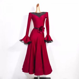 Women girls black wine rose flowers ballroom dance dresses for female flare sleeves waltz tango flamenco dancing long swing skirts for female