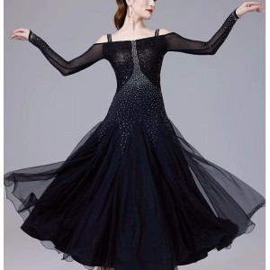 Women girls purple red black sequins ballroom dance dresses dew shoulder diamond competition waltz tango foxtrot smooth dance long gown for female