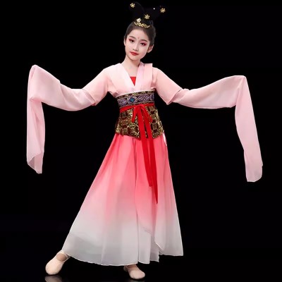 Children Girls chinese folk classical dance dress pink hanfu fairy dresses flowing water sleeve dance clothes Art examination kidsHan Tang Dynasty wear