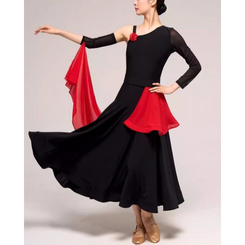 Women black with red flowy ballroom dance dresses slant neck one shoulder waltz tango foxtrot smooth dance long gown for female 