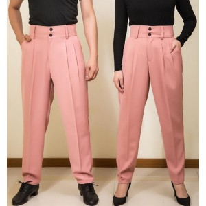 Pink latin ballroom Dance pants for women men high waist pleated wide leg modern salsa rumba chacha tango waltz dancing long trousers