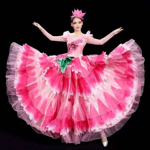 Pink flowers petals flamenco dance dresses for women girls paso double spanish bull dance swing skirts opening choir ballroom dance costumes for female