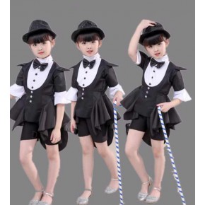 Girls kids Black white tuxedos jazz dance costumes for children Hip-hop Magician Jazz Runway Show stage outfits 