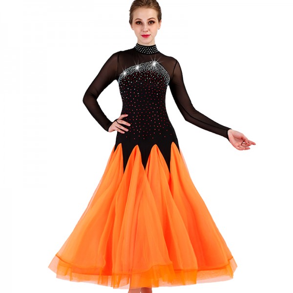Ballroom dresses for women girls competition black and orange long sleeves  diamond stage performance professional waltz tango dancing costumes dresses-  Material:microfiber and spandex ( Stretchable fabric )Conten
