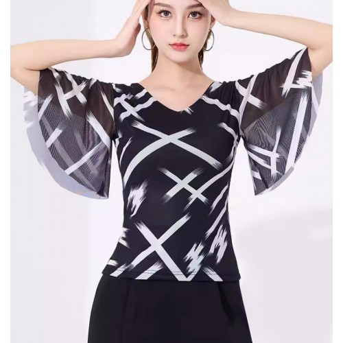 Ballroom Latin Dance tops for women girls black with white printed mesh dance practice uniforms short sleeve national standard modern dance shirts for female