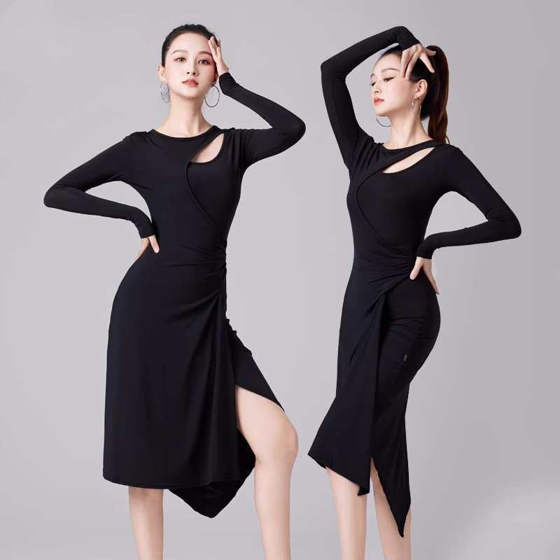 Black long sleeves latin dance dresses for women girls side slit