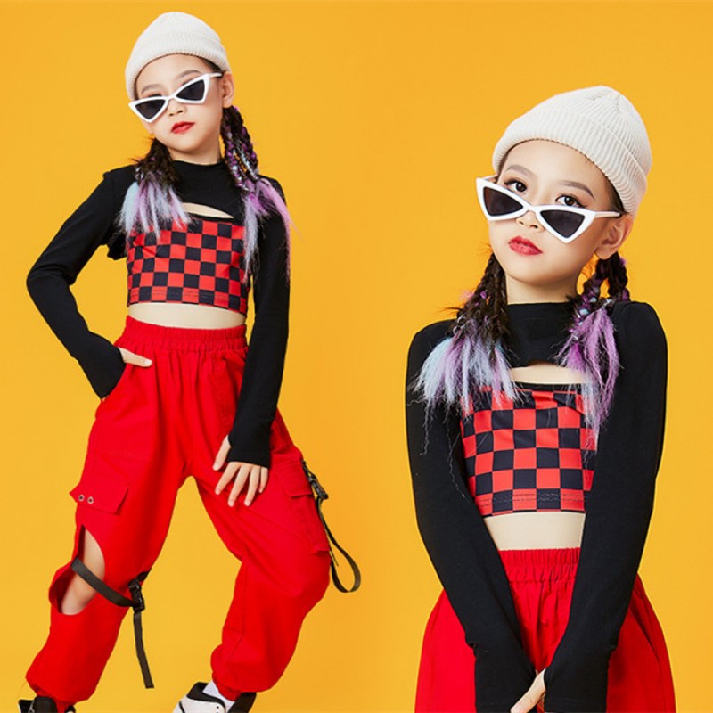 Girls Hip Hop Clothing Red Tops Casual Pants for Kids Street Dance Costume  