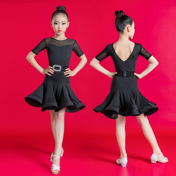 Black short sleeves latin dance dresses for girls kids children ballroom  latin dance outfits for kids