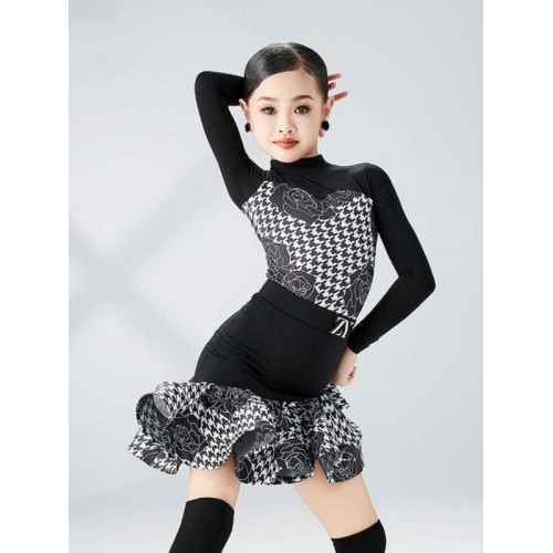 Black white rose flowers printed ballroom latin dance dresses for girls kids children modern salsa rumba cha cha ballroom stage performance skirts for girls