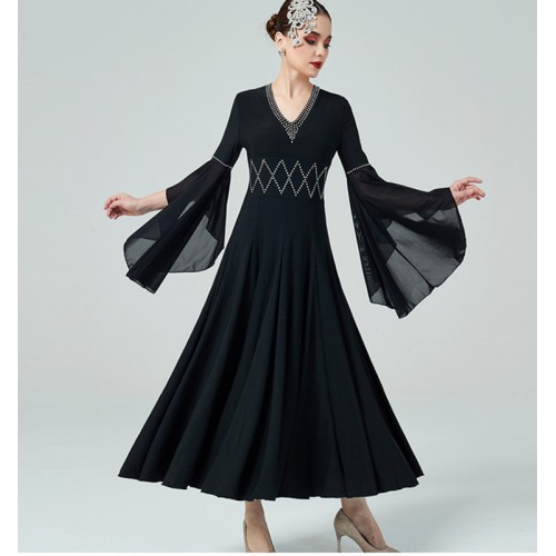 Black wine color ballroom dance dresses with diamond for women girls flare sleeves national standard professional waltz tango dance dress practice swing skirt