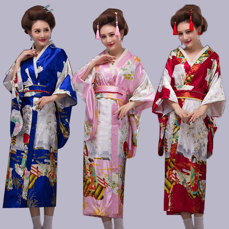 HUAHUA Women's Sexy Short Kimono Dress Floral Print Japanese Traditional  Geisha Yukata Robe Bathrobe Skirt Belt Outfit