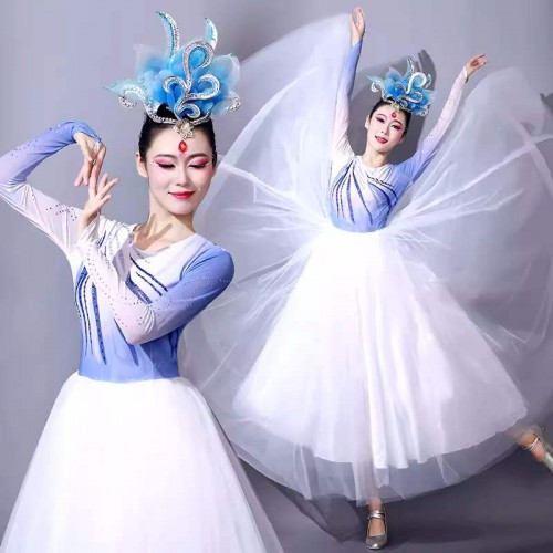 Blue gradient ballet dance dress for women adult long tutu skirts opening dance Flowing modern dance wear white choral performance  long gown for female