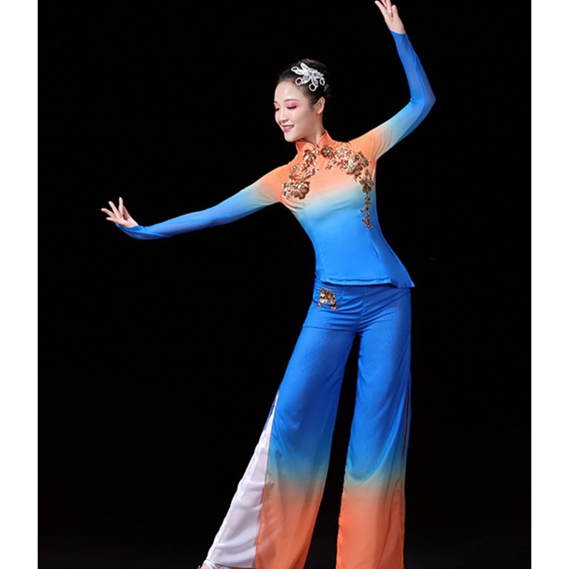 Blue with orange chinese folk dance costumes for women girls traditional  ancient Jiaozhou Yangge umbrella fan dance suit female solo classical dance