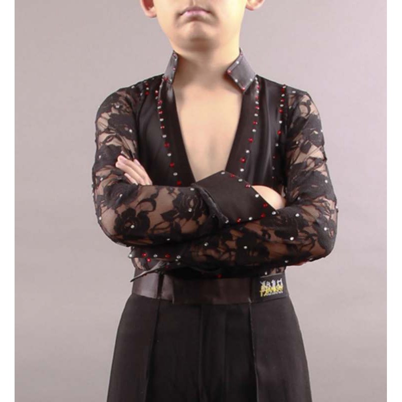  Boy lace black white ballroom Latin Dance Top Diamond V-neck ballroom tango waltz performance body shirts for kids Long sleeved children Competition Clothing