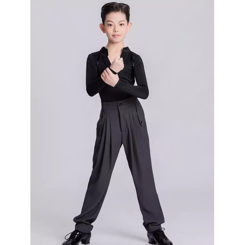 Boys black latin ballroom dance shirts pants for kids children school competition ballroom salsa latin stage performance outfits modern dance wear for boys 