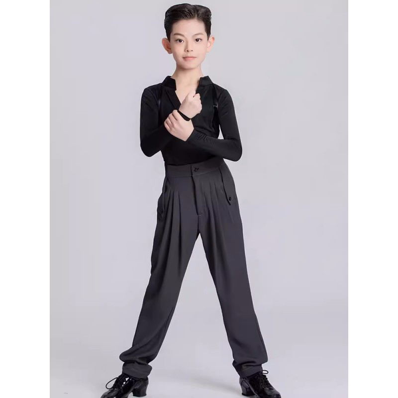 Boys black latin ballroom dance shirts pants for kids children school competition ballroom salsa latin stage performance outfits modern dance wear for boys 