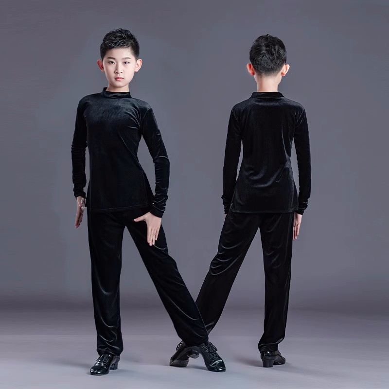 Boys black velvet latin ballroom dance wear kids baby modern dance pratice salsa rumba traning exercises stage performance shirts and pants