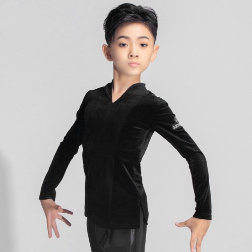 Boys Children Black Velvet Latin Ballroom Dance Shirts v Neck Professional Waltz Tango Dancing Tops For Kids