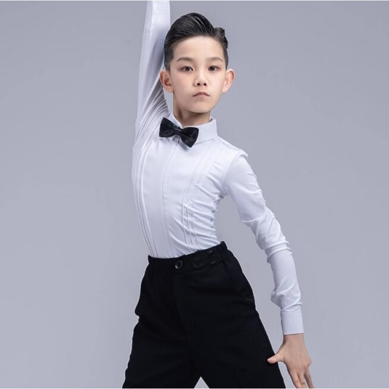 Boys children white ballroom latin dance shirts competition professional modern dance salsa rumba chacha performance leotard tops for kids